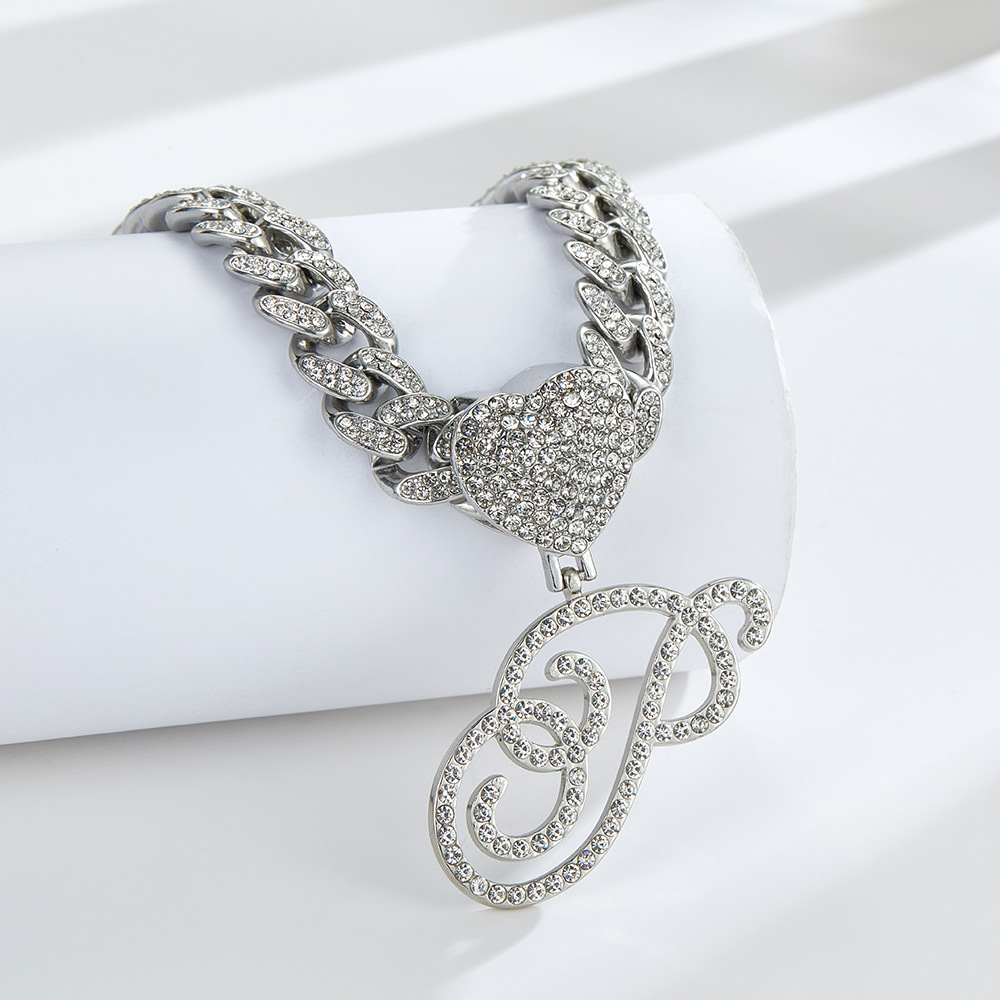 Cursive Diamond Accented Initial Cuban Heart Necklace in silver