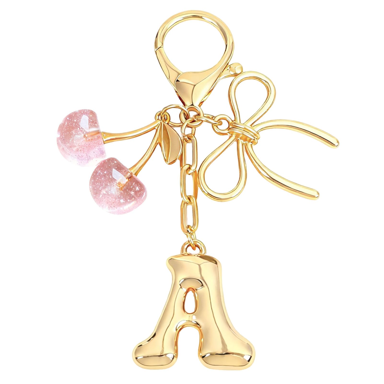 bubble initial with bow cherry charms keychain