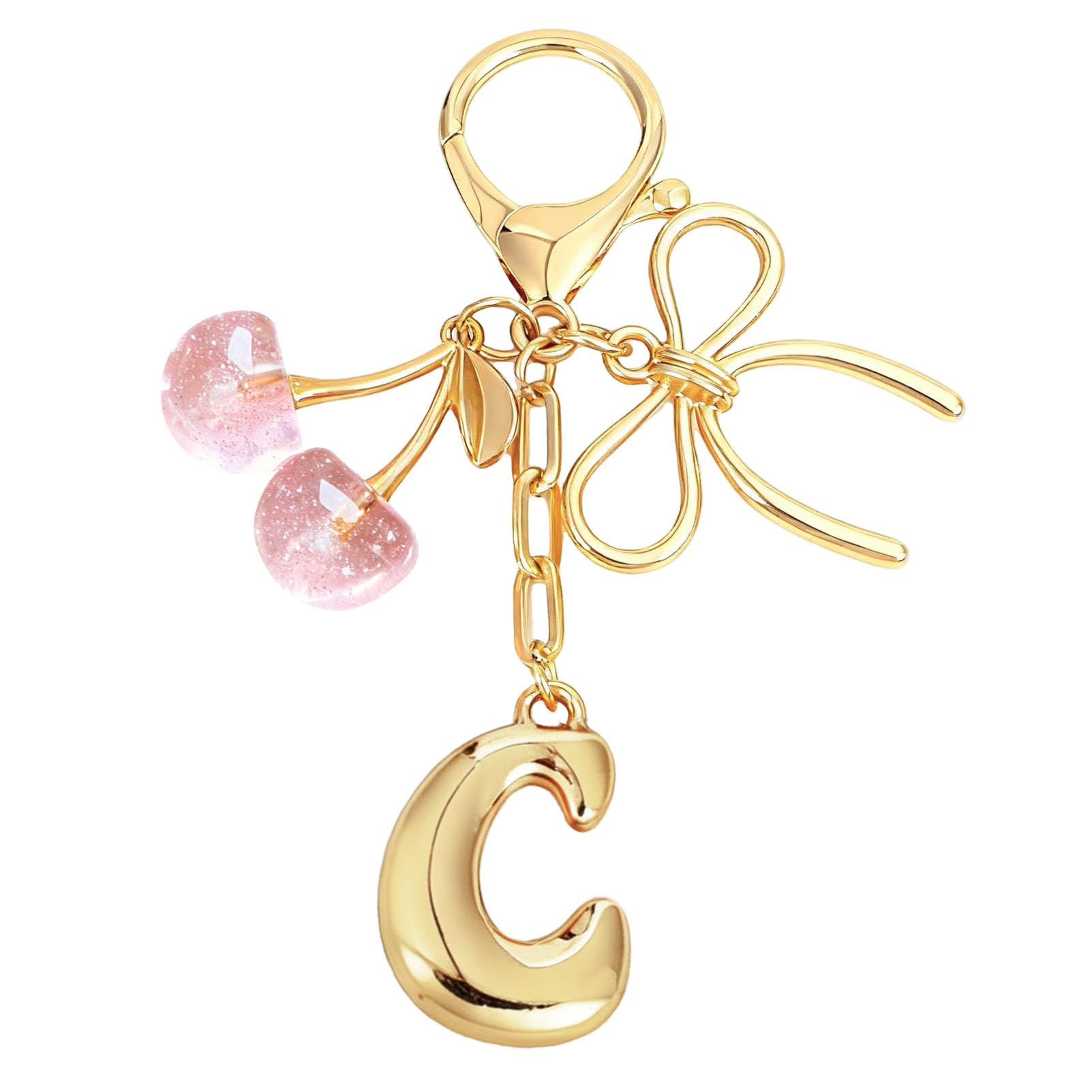bubble initial with bow cherry charms keychain