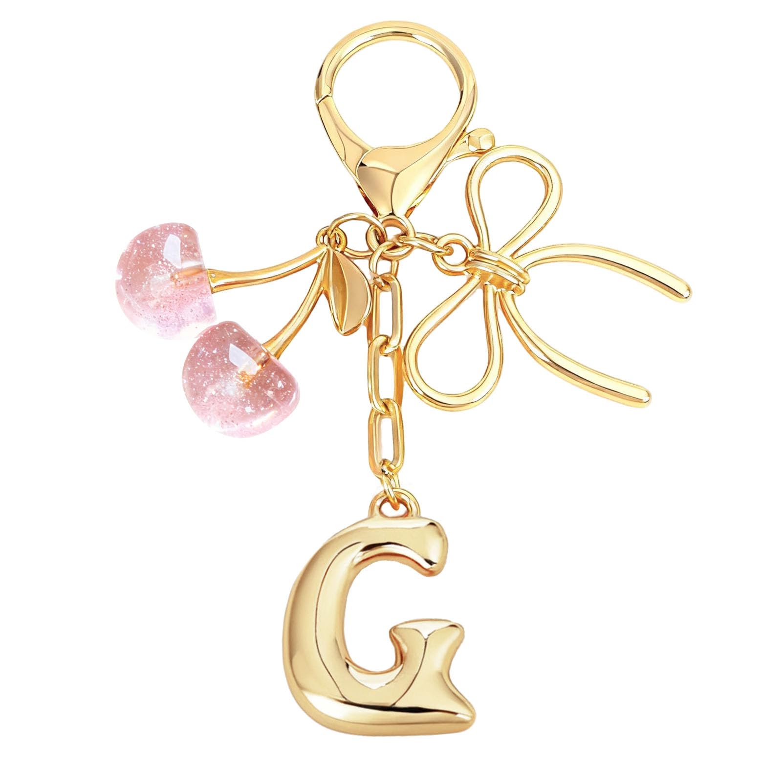 bubble initial with bow cherry charms keychain