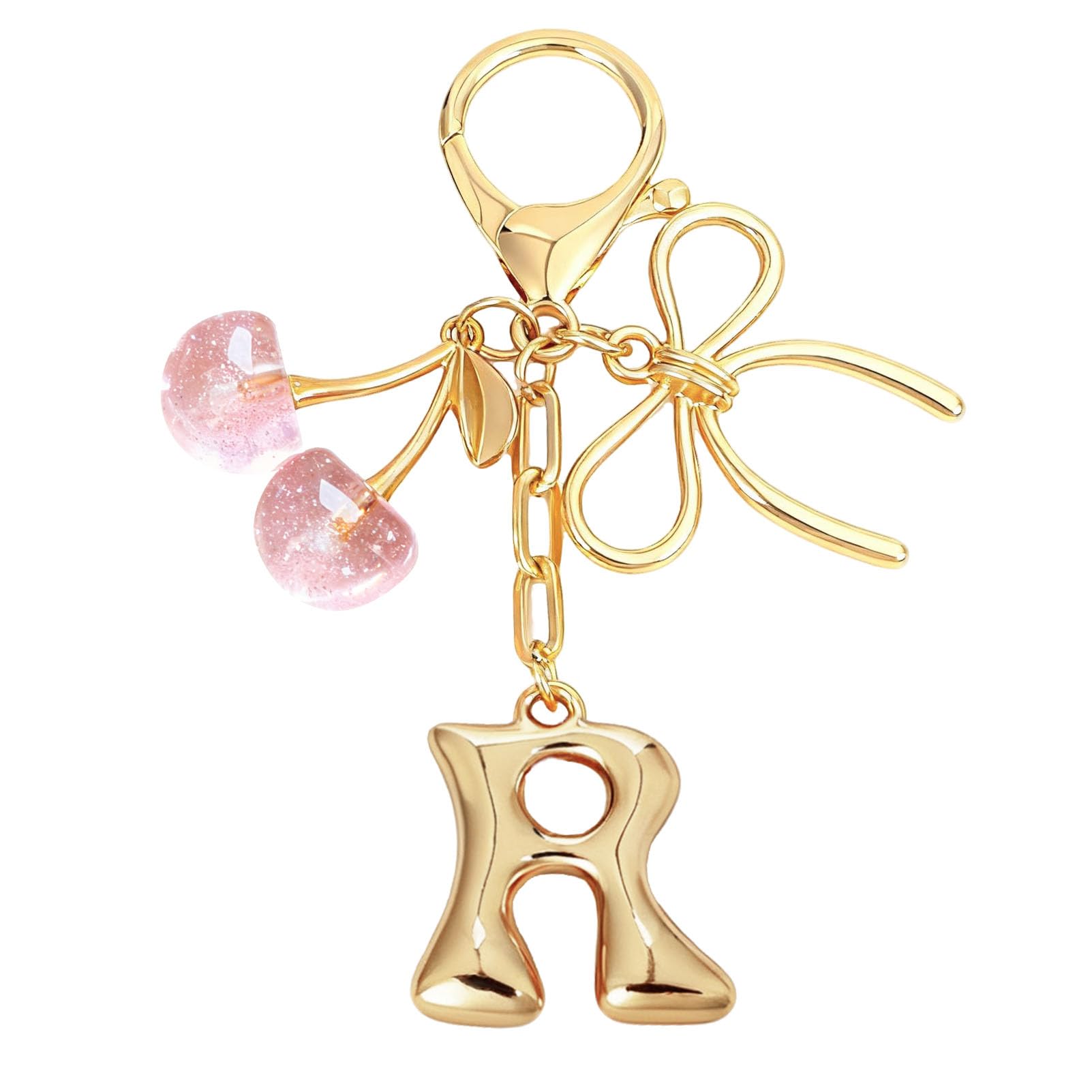 bubble initial with bow cherry charms keychain