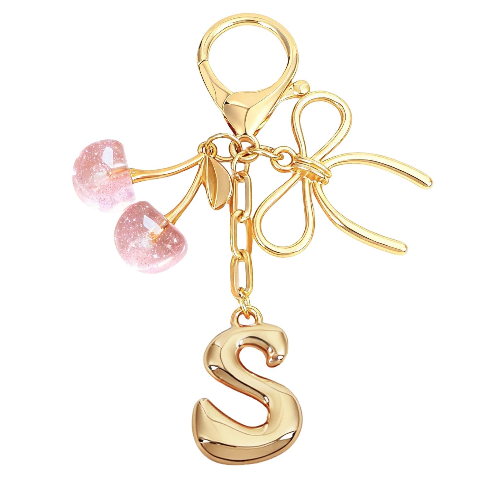 bubble initial with bow cherry charms keychain