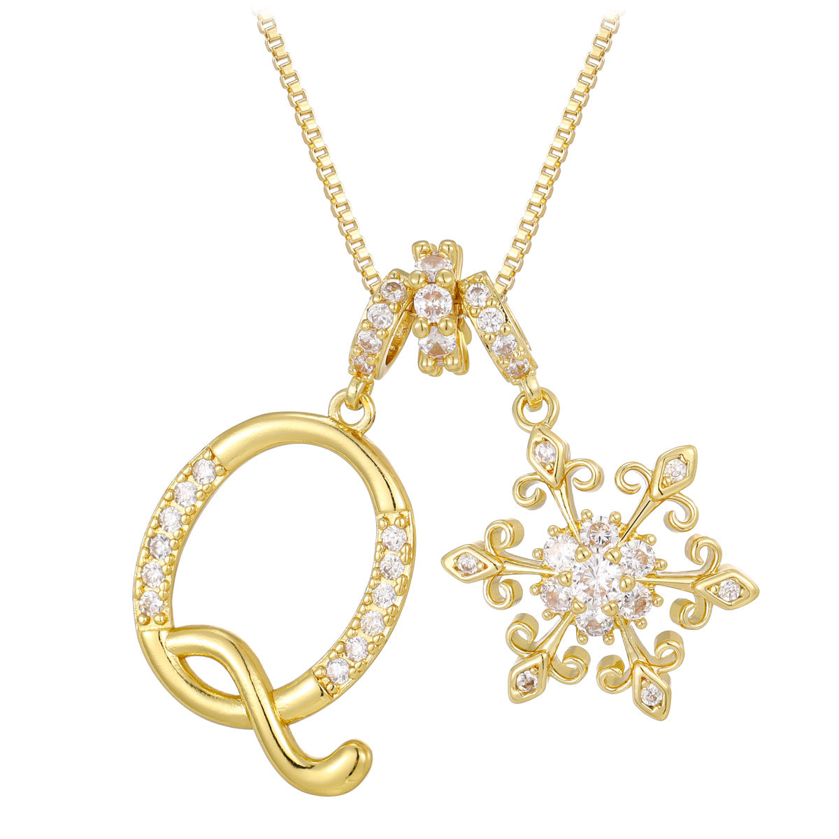 14k elegant initial snowflake necklace