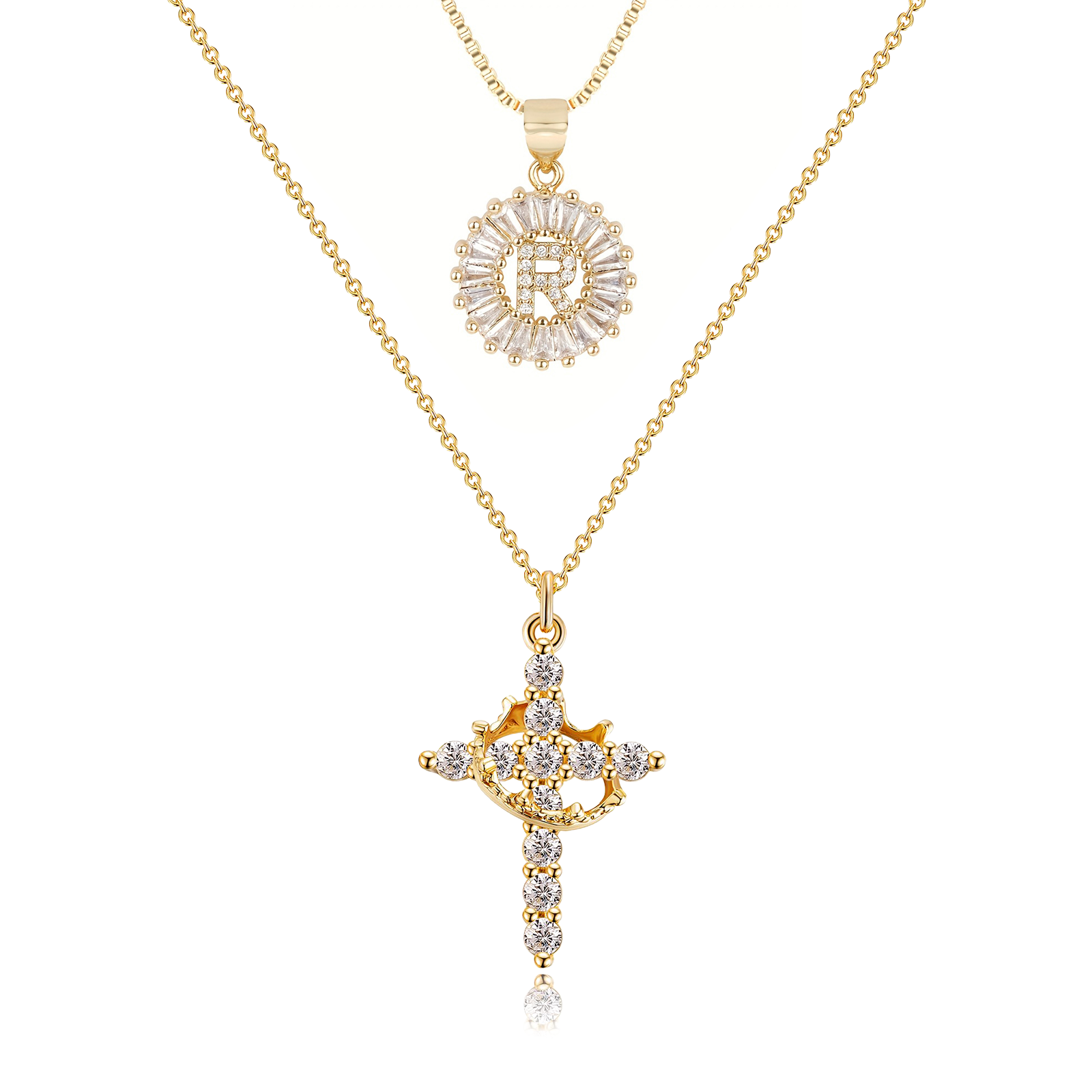 2pc 14k diamond cross crown initial necklace set