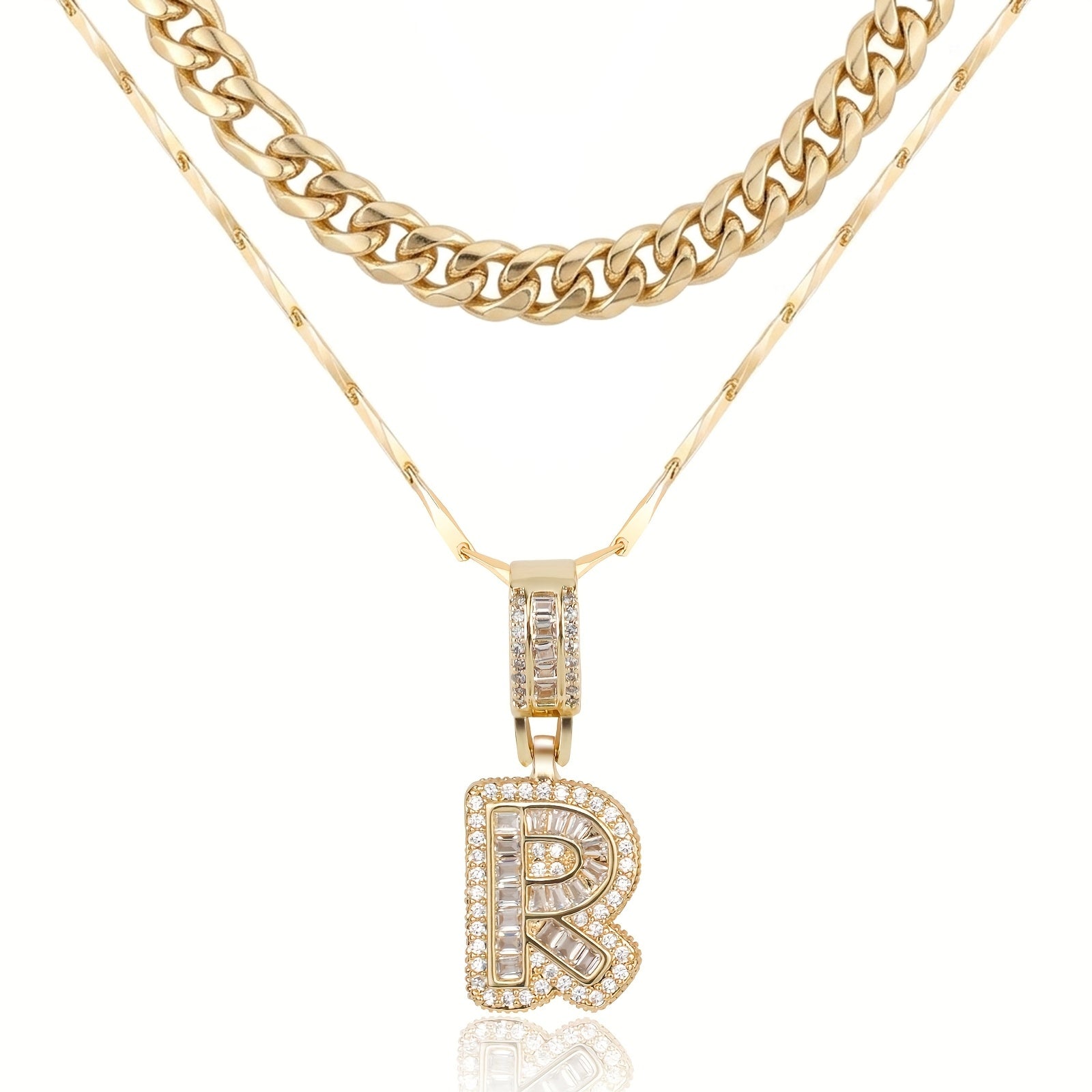 2pc 14k Layered Cuban & Initial Necklaces in gold