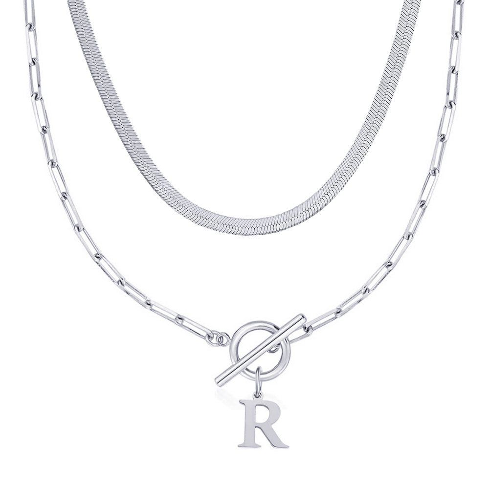 2pc paperclip initial toggle clasp herringbone necklace set