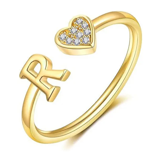 elegant heart accented serif letter initial ring