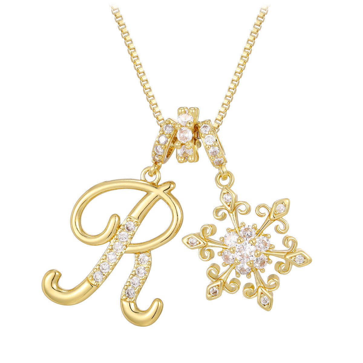 14k elegant initial snowflake necklace