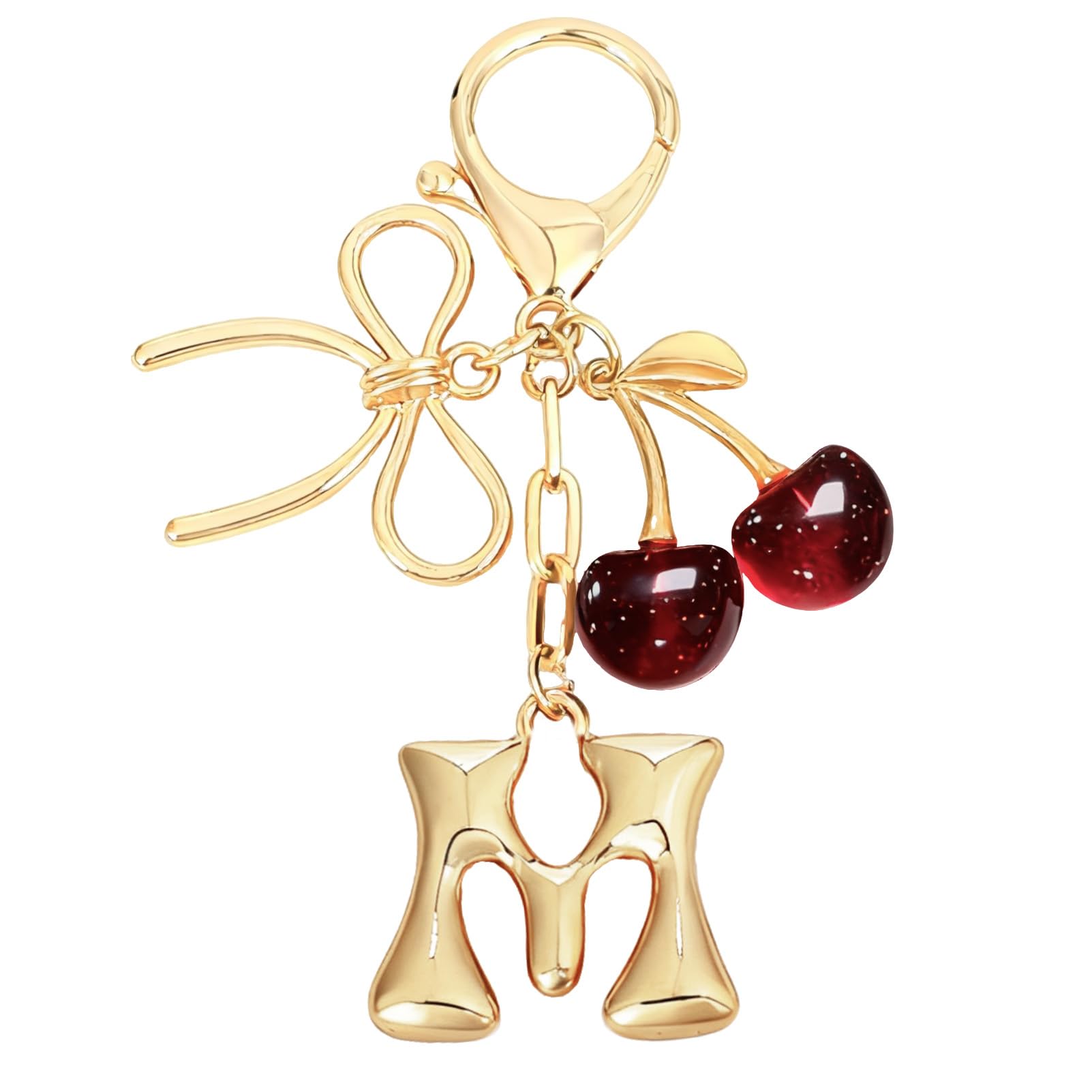 Bubble Initial With Bow & Cherry Bag Charms Keychain in red