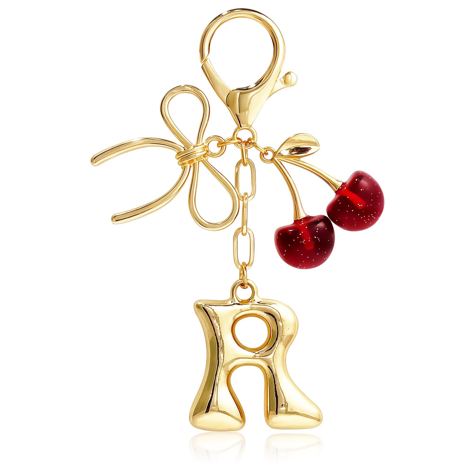 Bubble Initial With Bow & Cherry Bag Charms Keychain in red