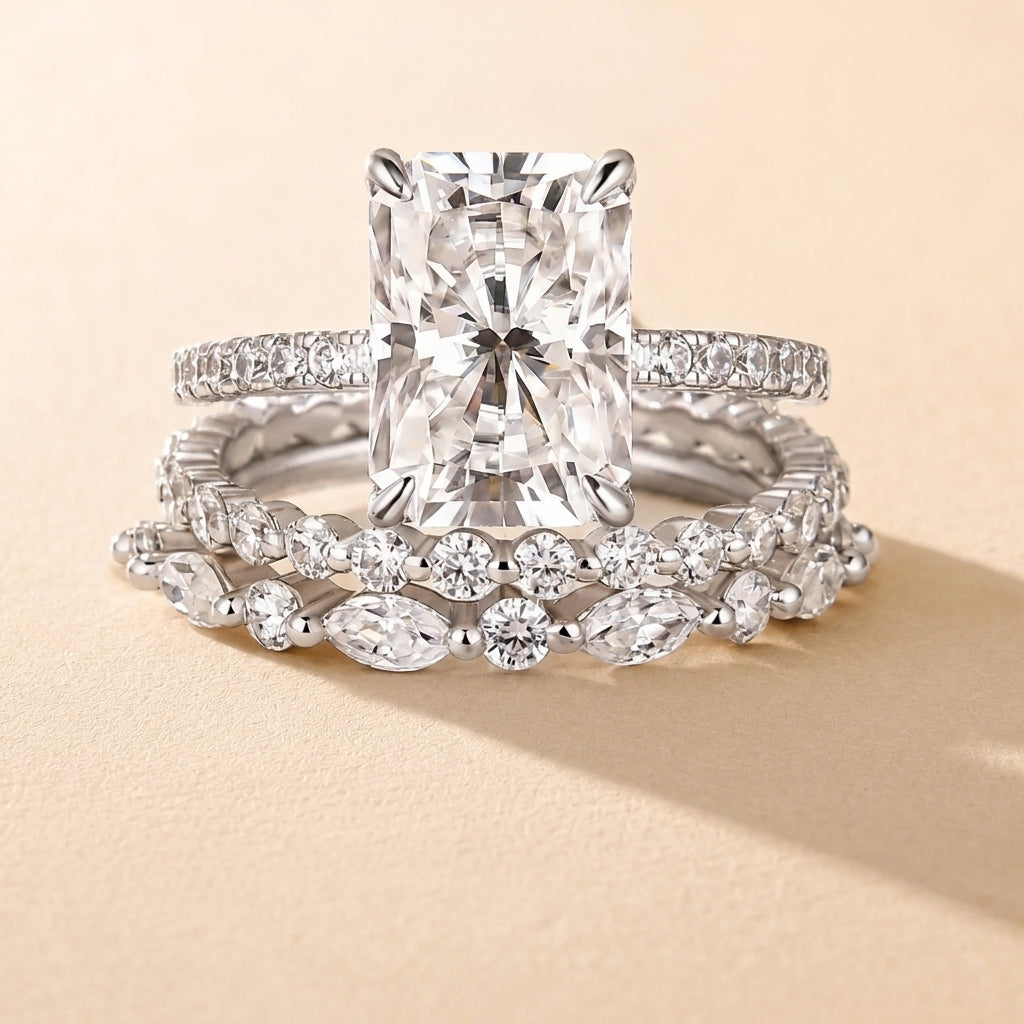 3pc Pave Solitare Cut Ring Stack in silver