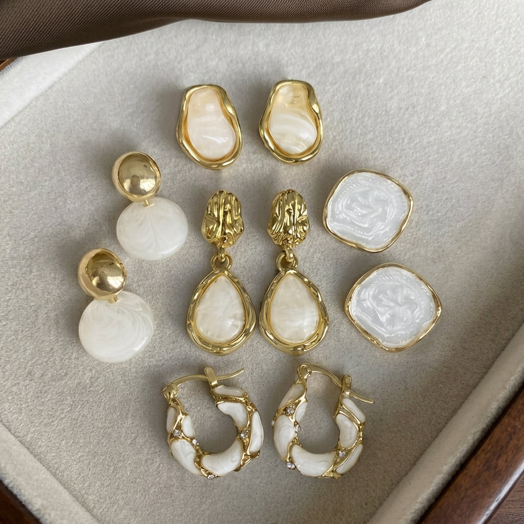 5x White & Gold Enamel Earrings Sets