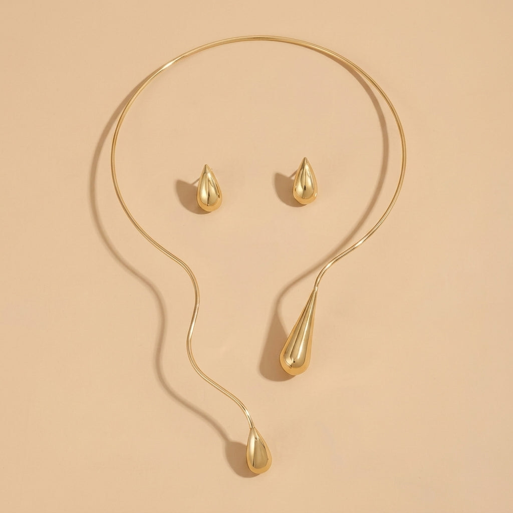 Statement Water Droplet Necklace and Earrings Set in gold