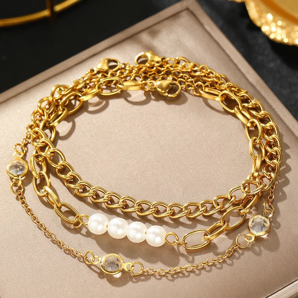Elegant Pearl Crystal Chain Bracelet Stack in gold