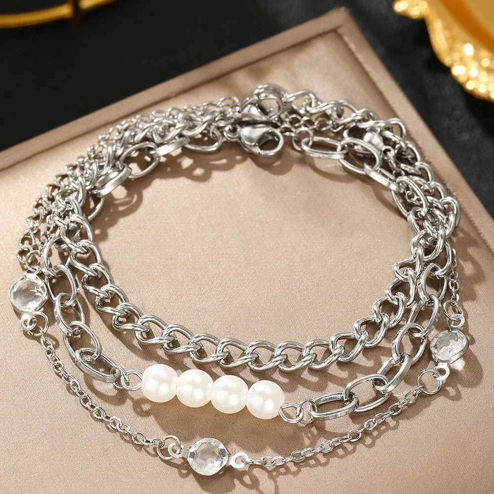 Elegant Pearl Crystal Chain Bracelet Stack in silver