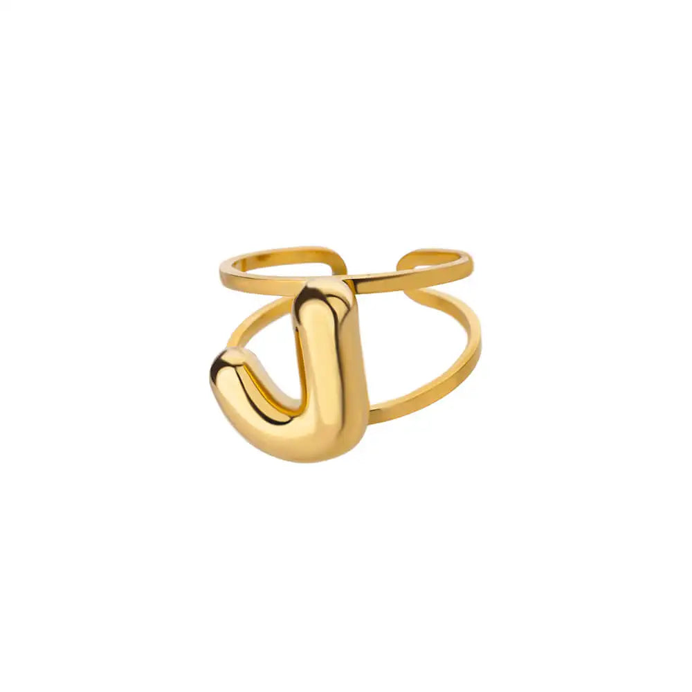 Adjustable Open Band Bubble Letter Initial Ring in gold