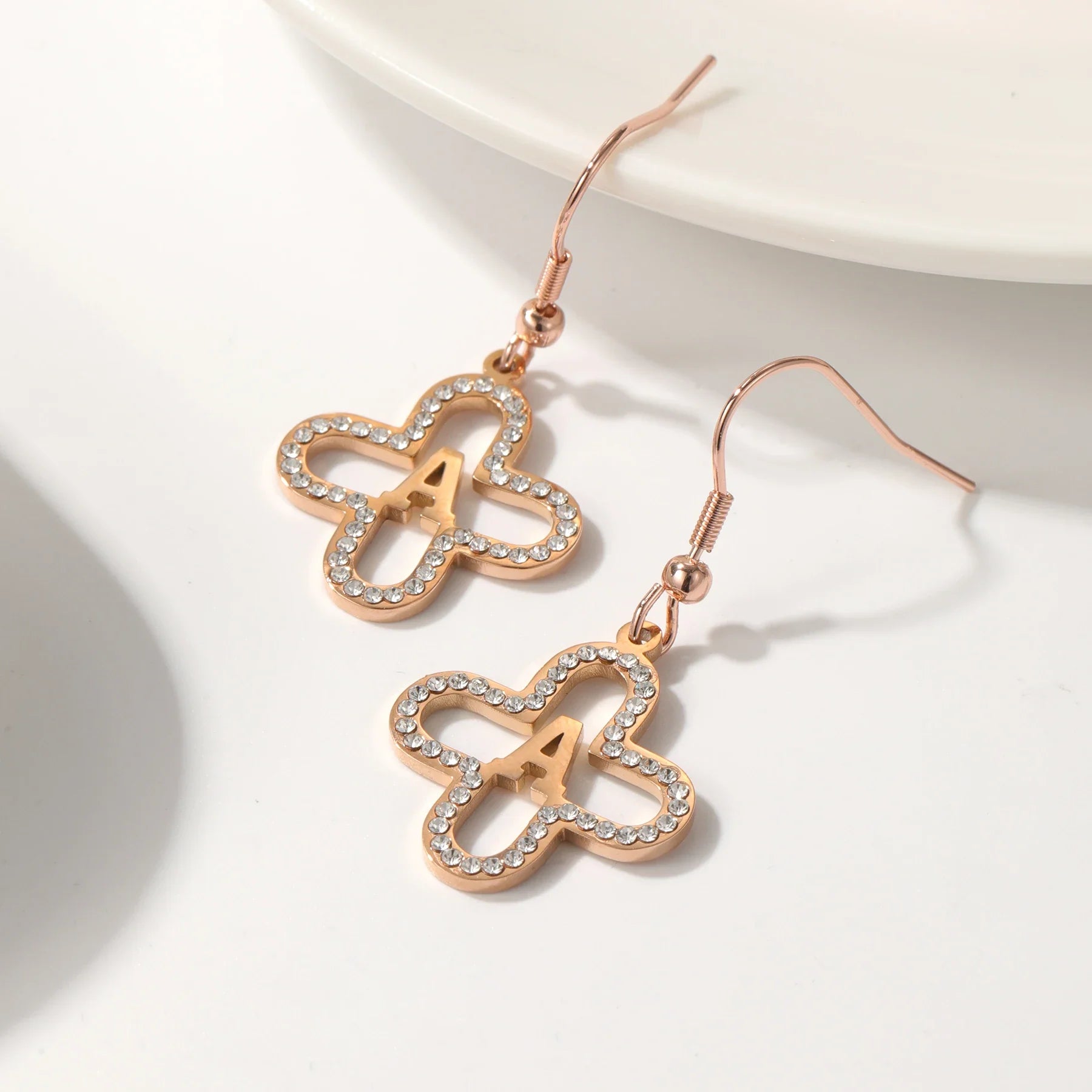 Classy Floral Letter Initial Earrings in rose gold