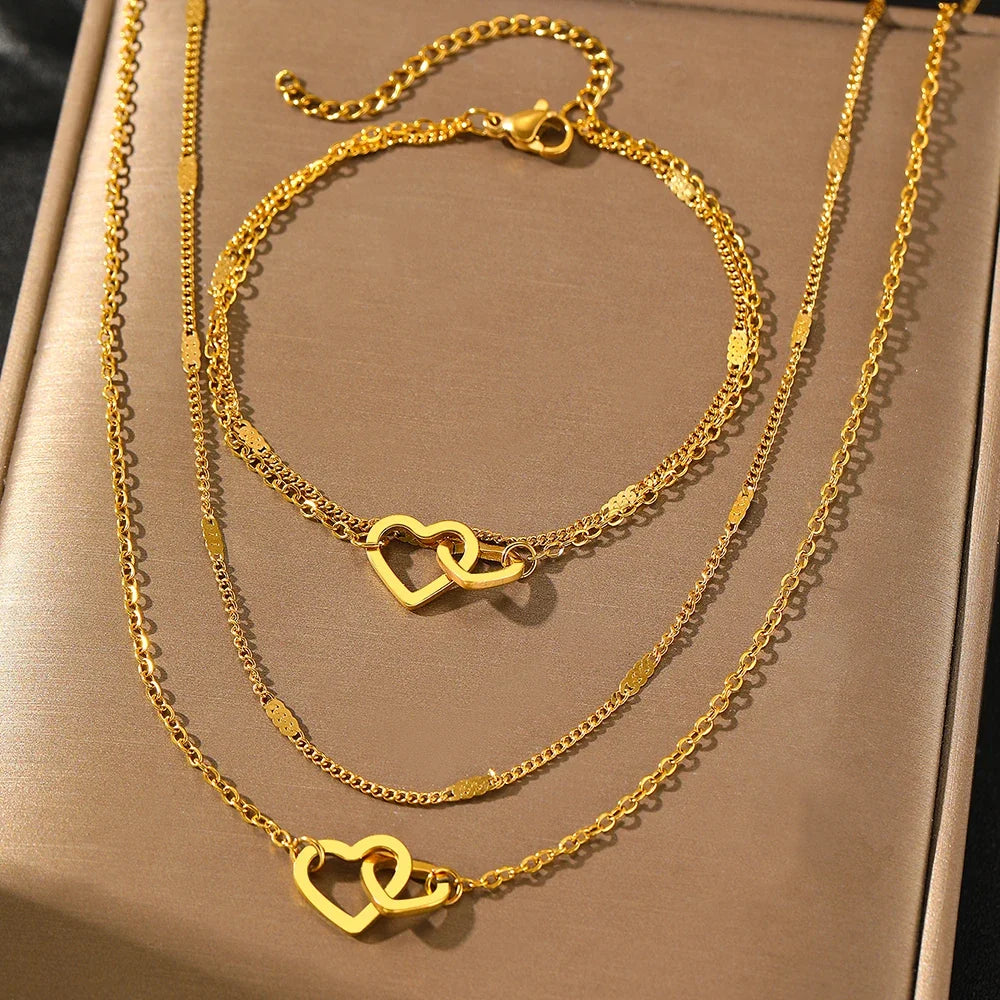 Dainty Curb & Chain Link Dual Heart Necklace and Bracelet Set in gold