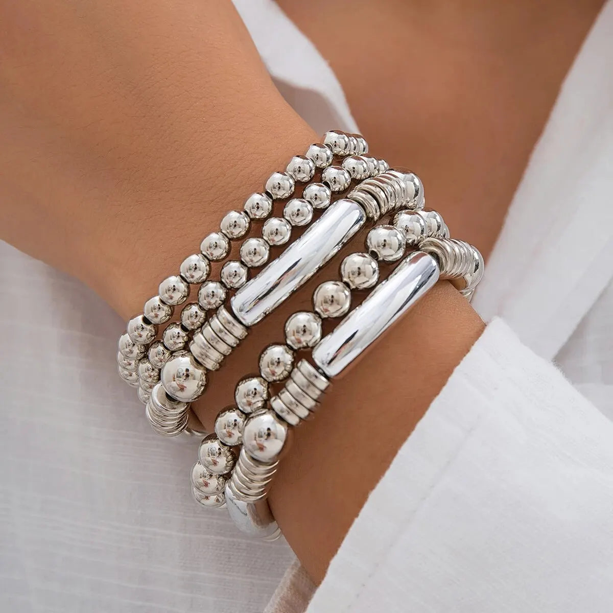5pc Beaded Bracelet Stack Set in silver