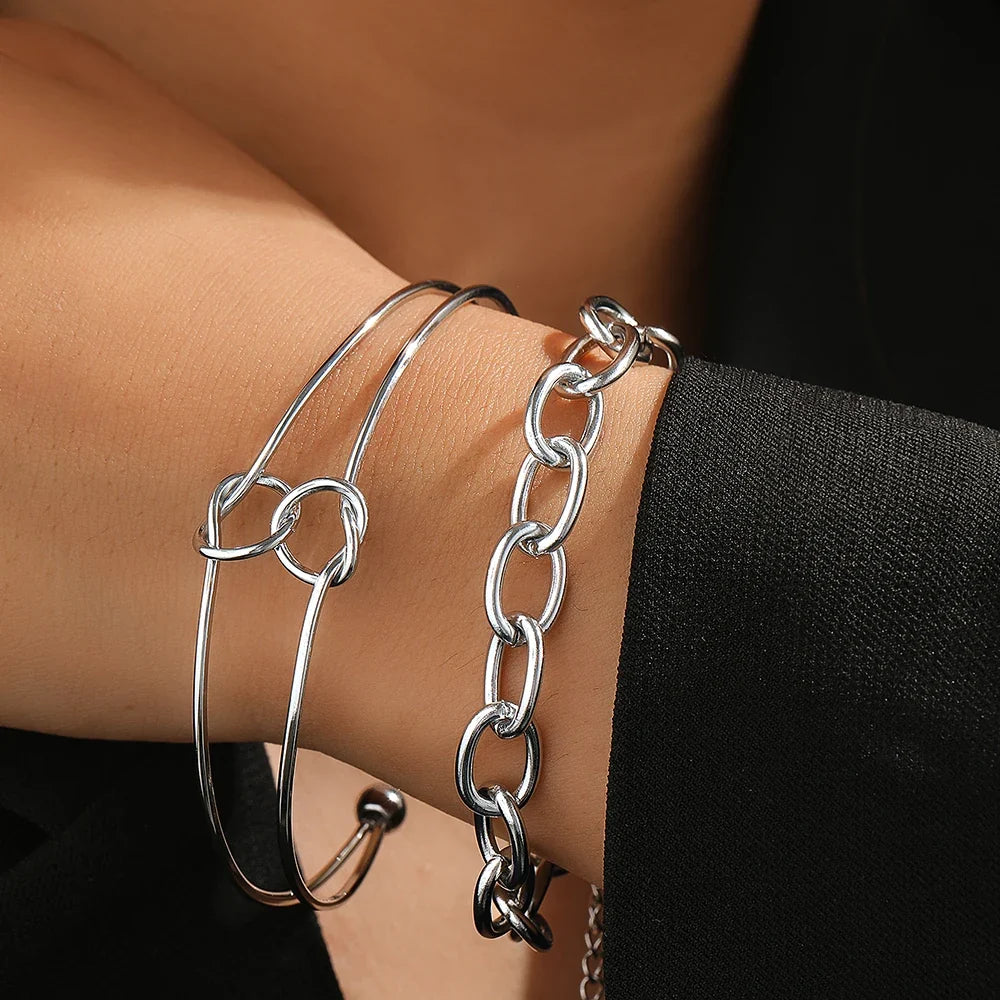 Dual Knot Paperclip Bracelet Stack in silver