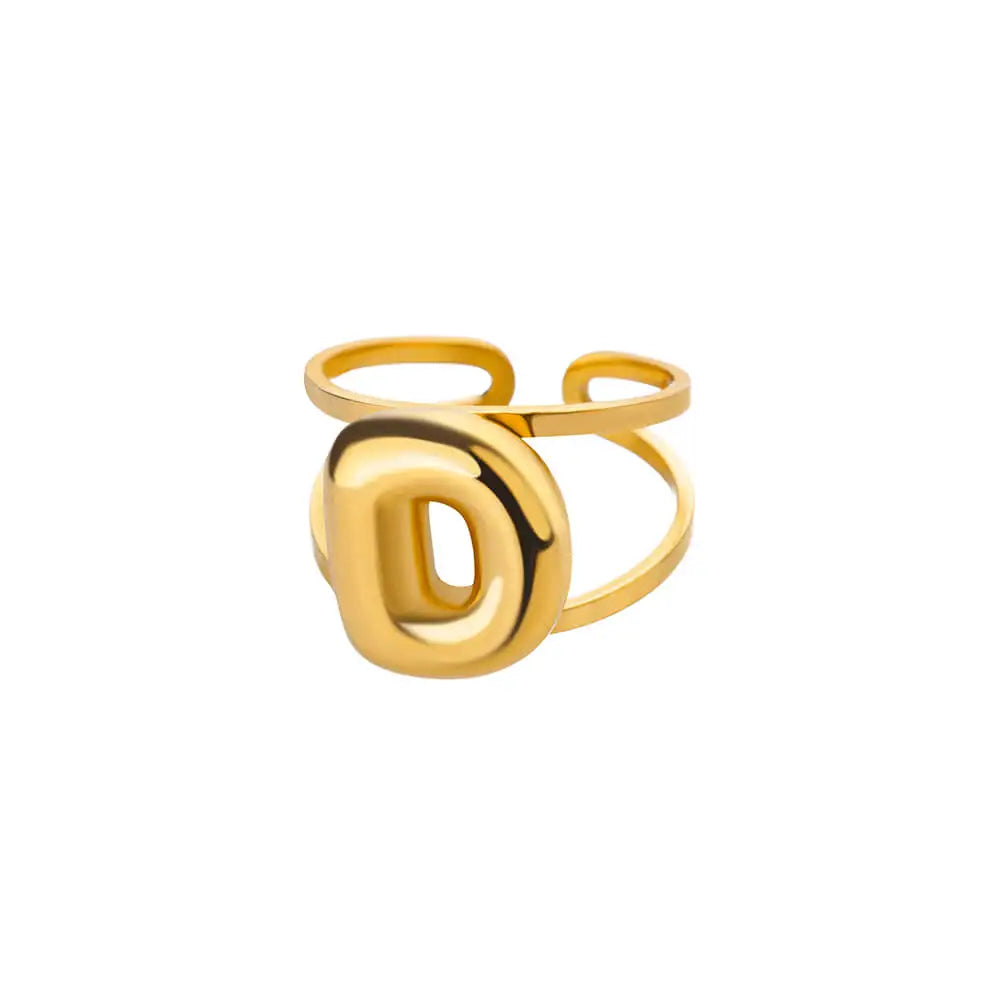 Adjustable Open Band Bubble Letter Initial Ring in gold