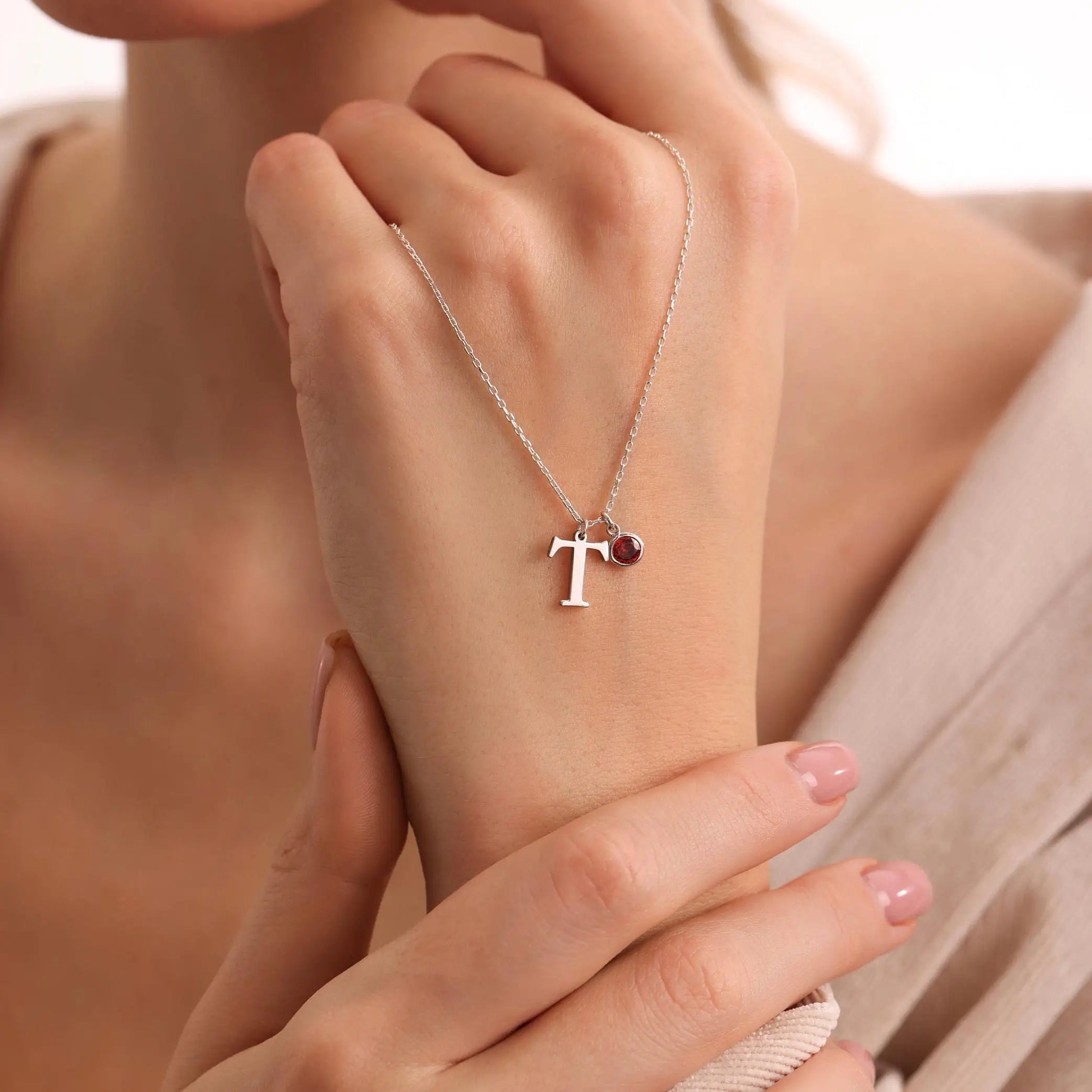 Dainty Serif Initial & Birthstone Necklace in gold