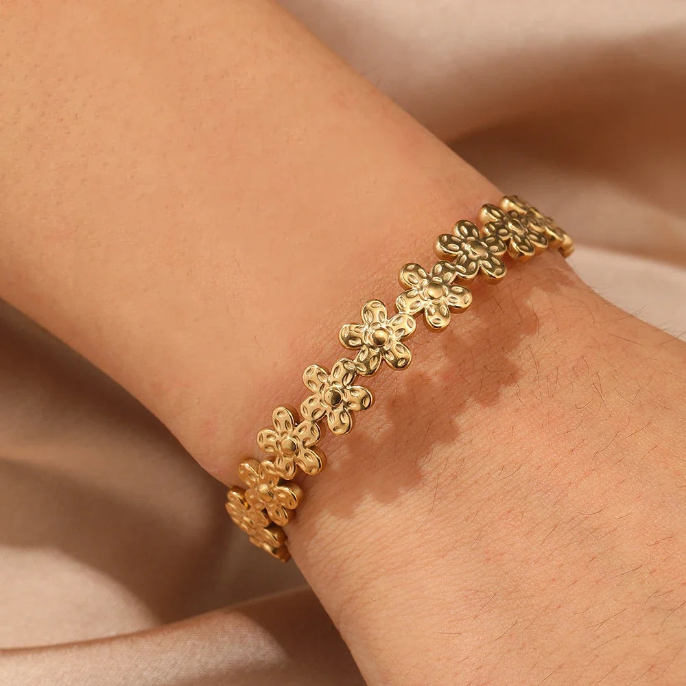 Textured Floral Bangle Cuff Bracelet in gold