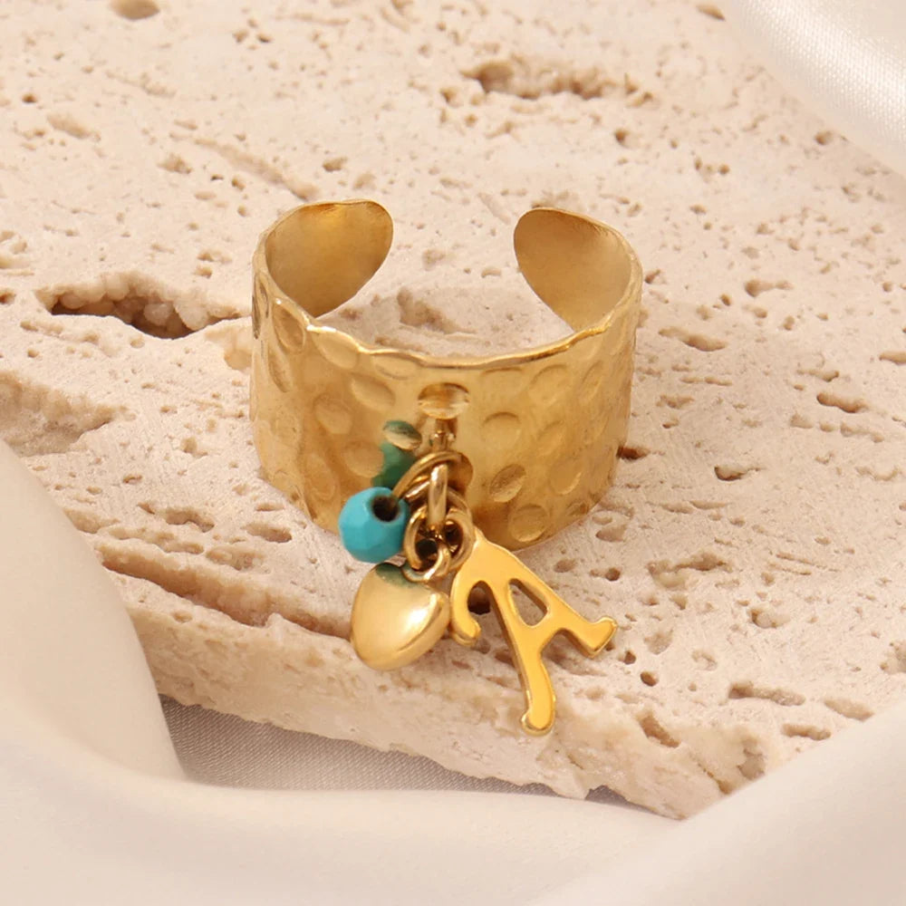 Dainty Adjustable Letter Initial & Heart Pendant Ring in gold