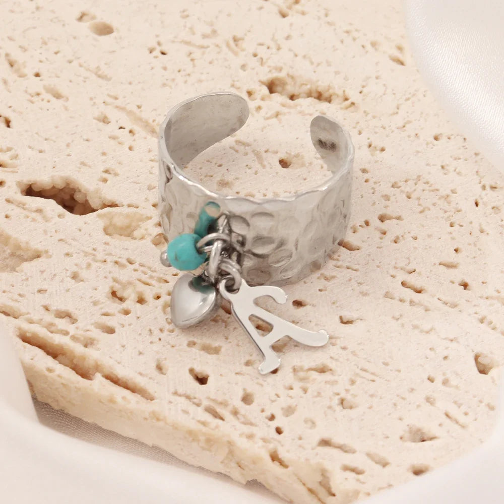 Dainty Adjustable Letter Initial & Heart Pendant Ring in silver