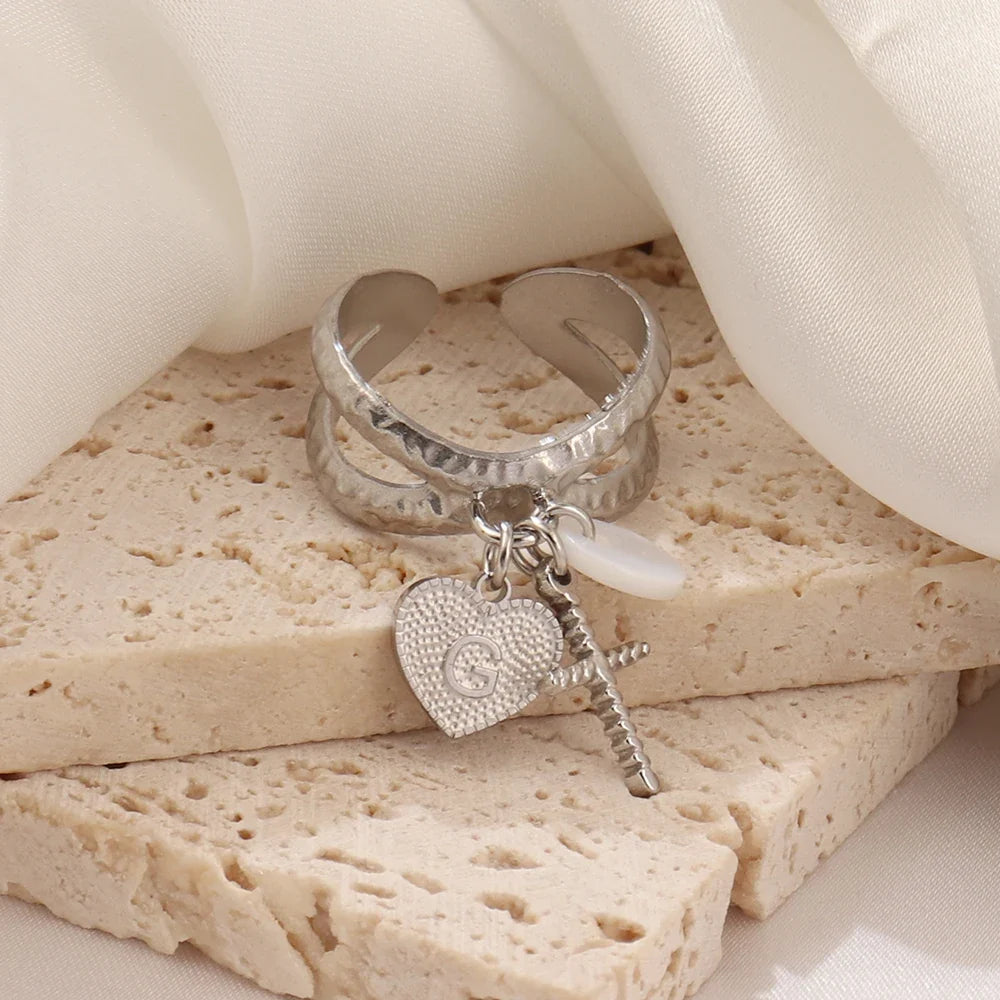 Dainty Cross & Heart Initial Ring in silver