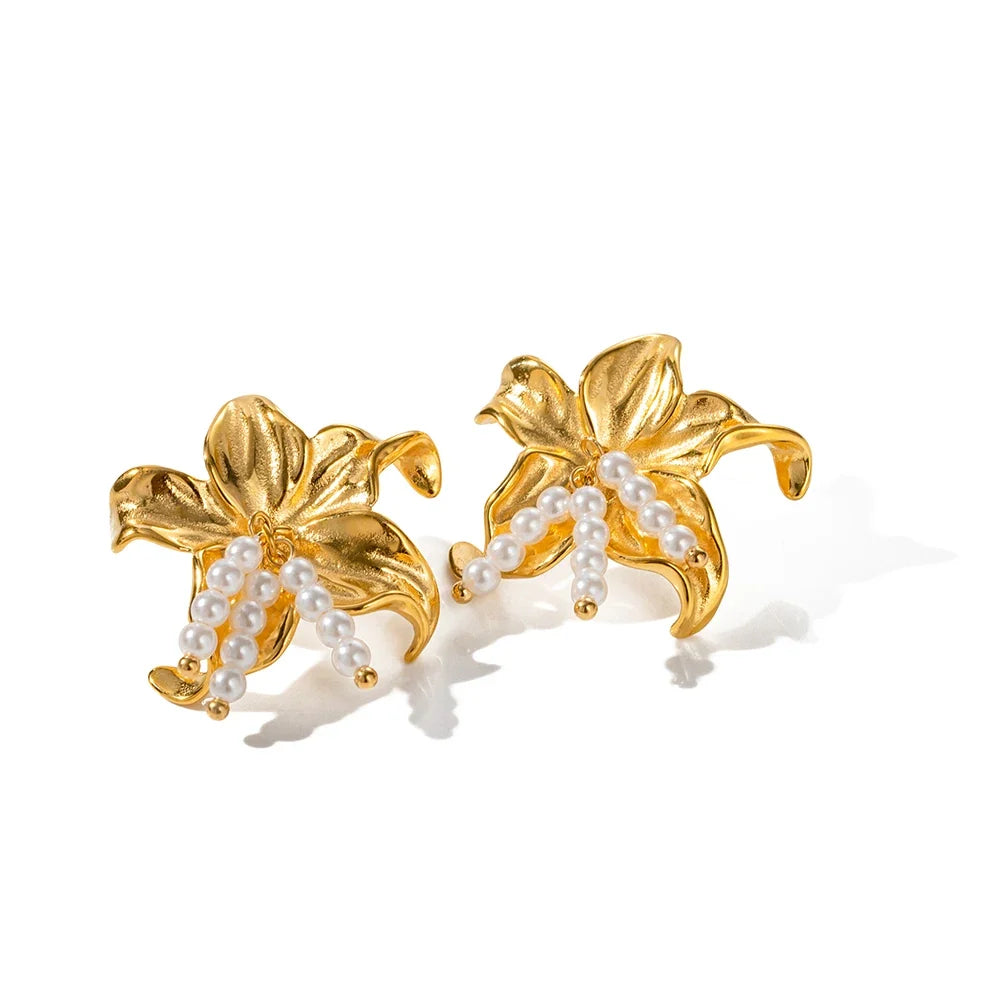 Elegant Lily Floral Pearl Earrings