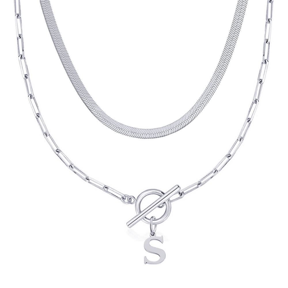 2pc paperclip initial toggle clasp herringbone necklace set