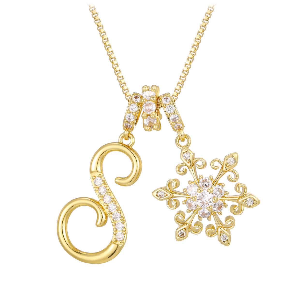 14k elegant initial snowflake necklace