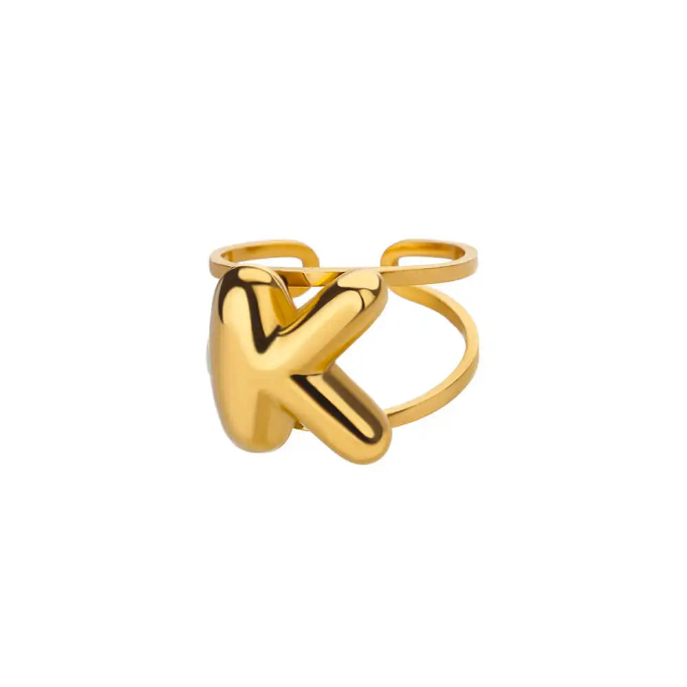 Adjustable Open Band Bubble Letter Initial Ring in gold