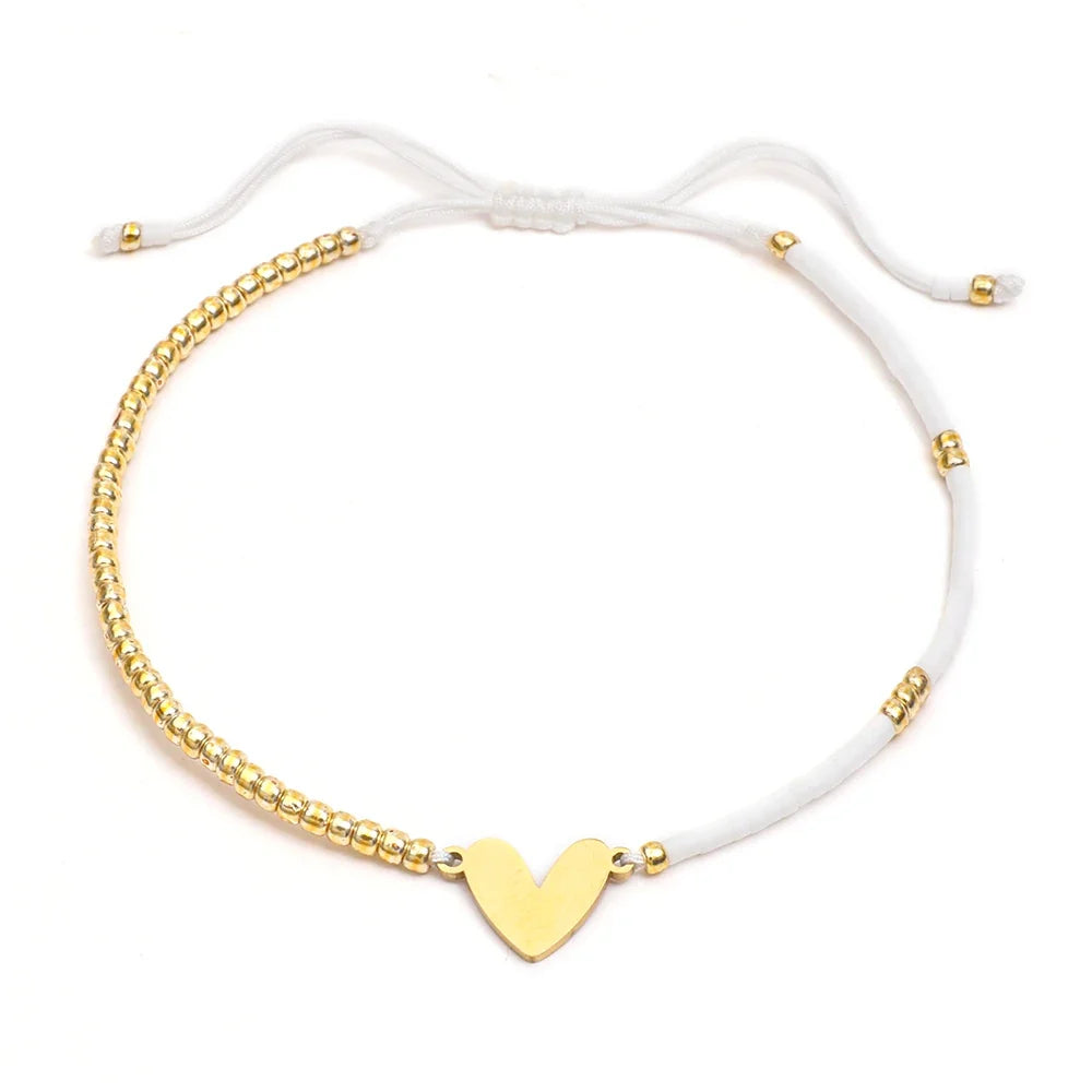 adjustable dainty beaded flat heart bracelet
