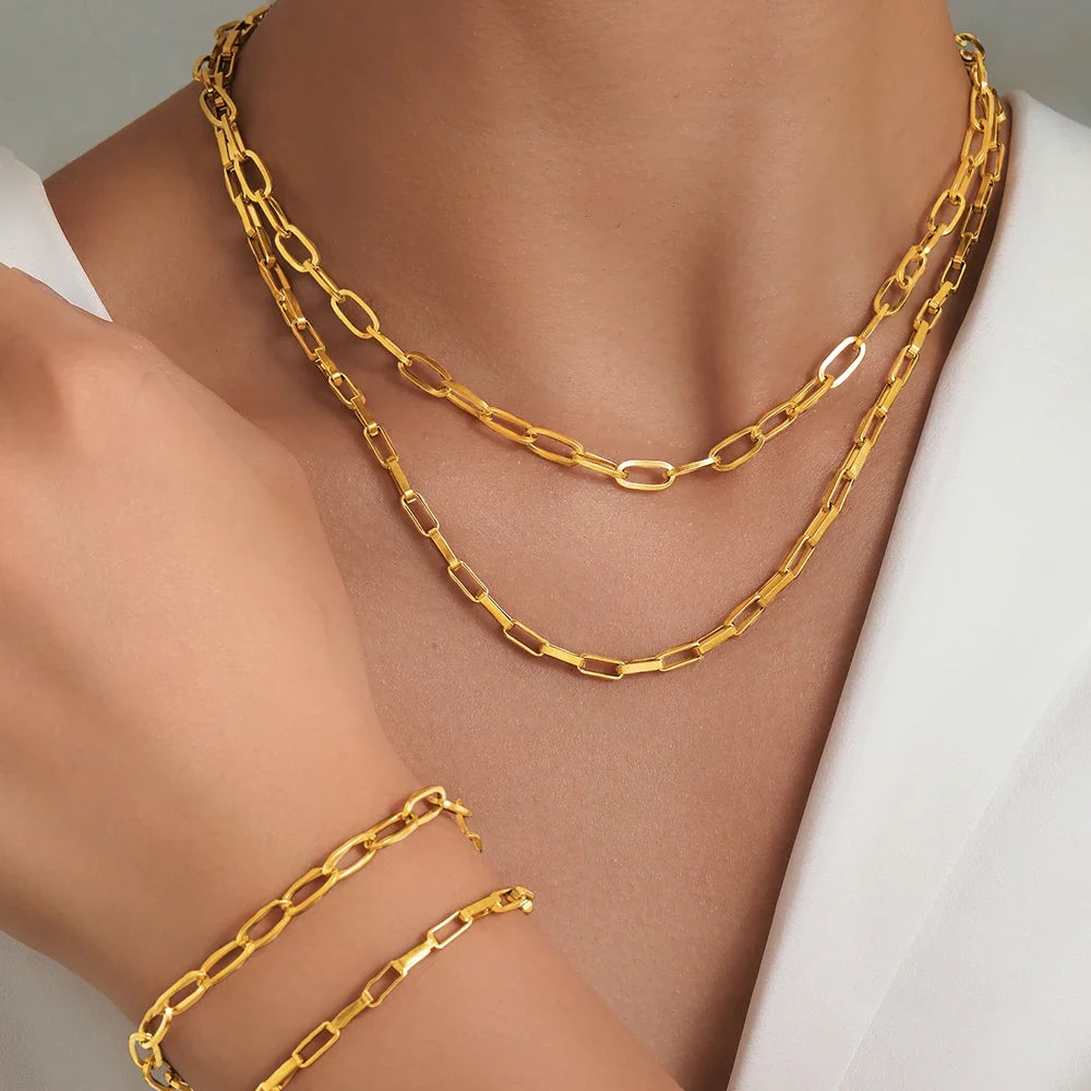 Layered Dual Paperclip Bracelet and Necklace Set in gold
