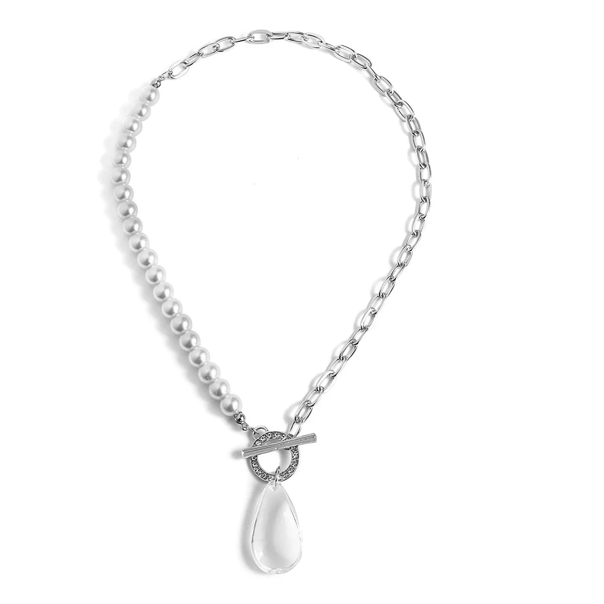 Chunky Paperclip Crystal Waterdrop Circle Bar Clasp Necklace in silver dazzle