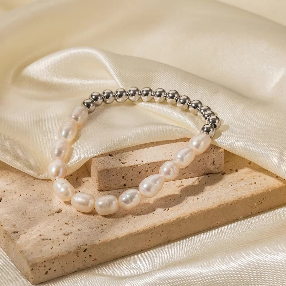 18k Beaded Pearl Split Bracelet in silver