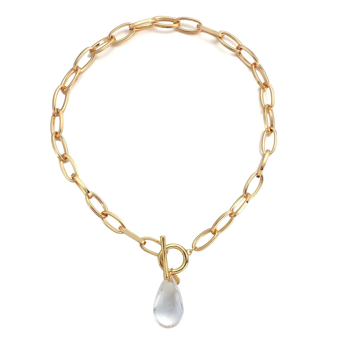Chunky Paperclip Crystal Waterdrop Circle Bar Clasp Necklace in gold