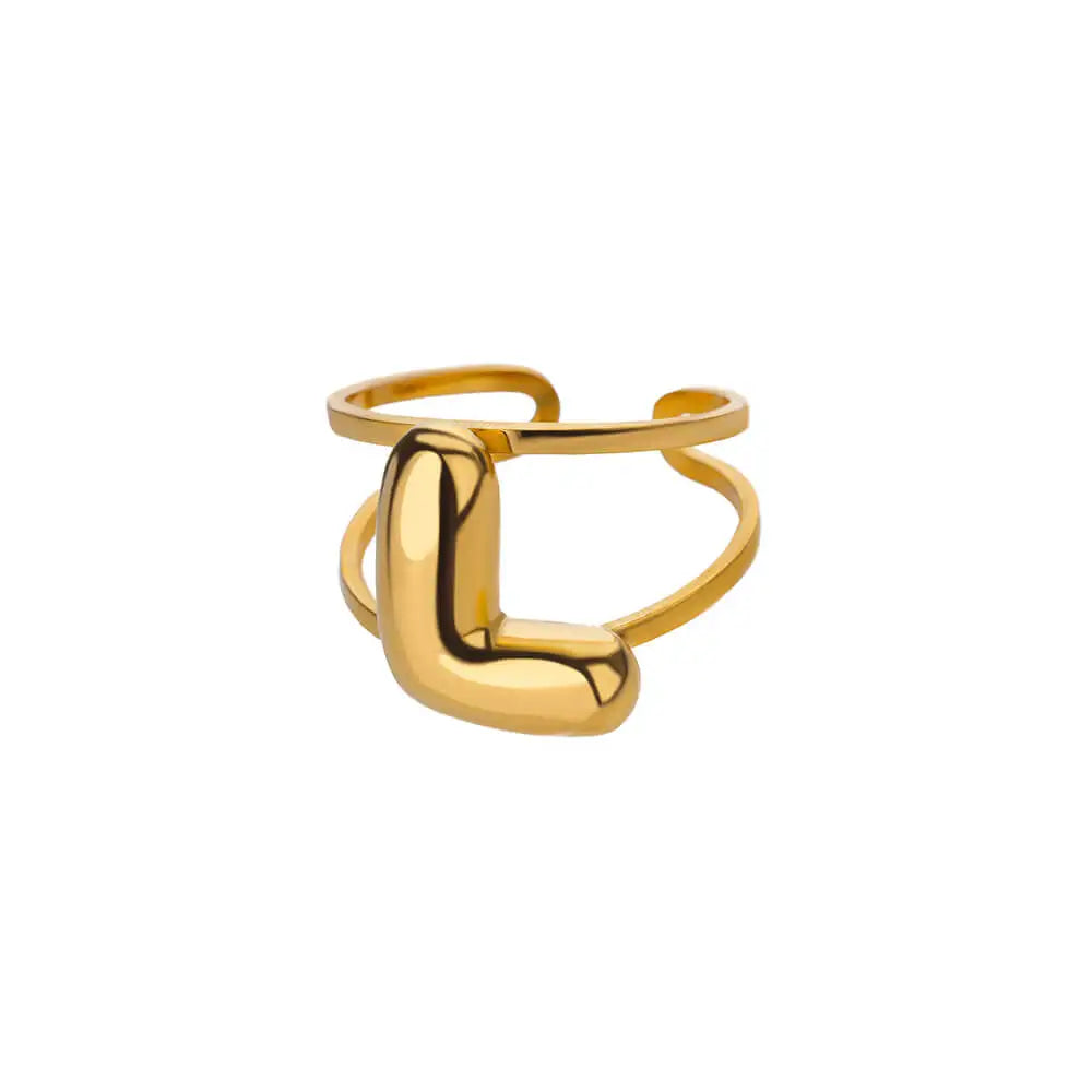 Adjustable Open Band Bubble Letter Initial Ring in gold