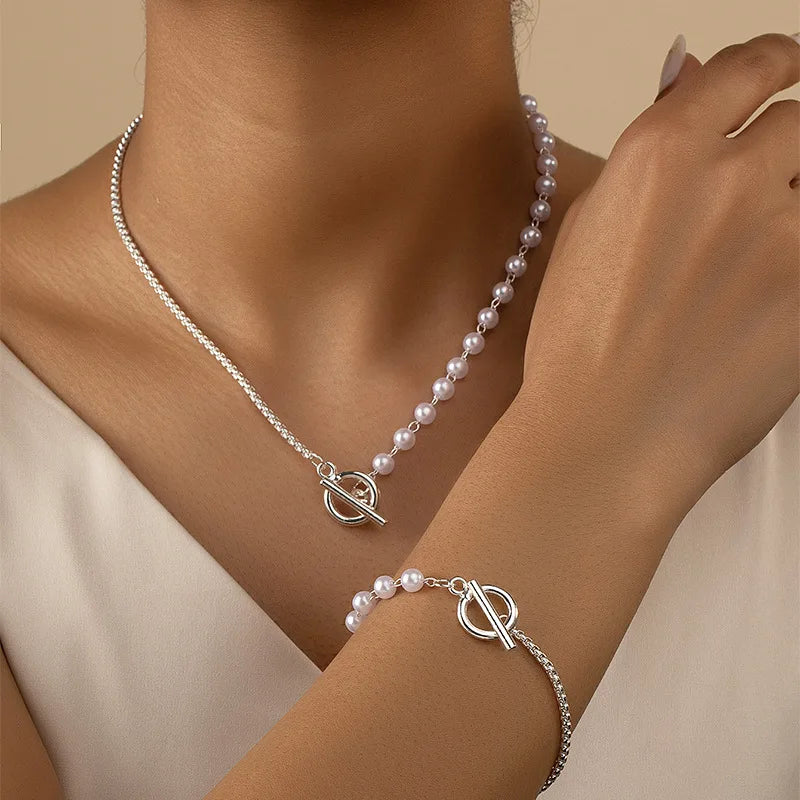 Chain & Pearl Circle Clasp Bracelet and Necklace Set in silver