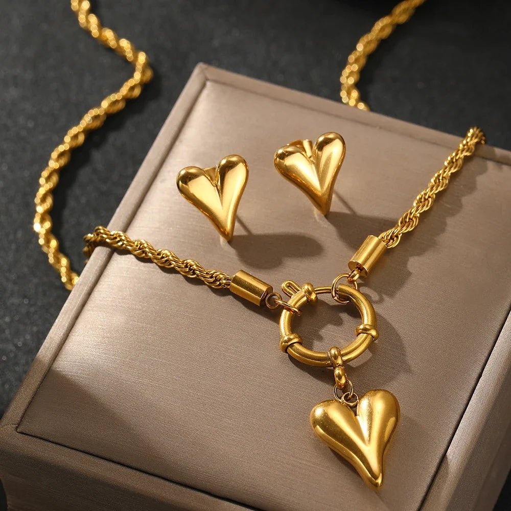 Rope Chain Anchor Clasp Heart Necklace and Earring Set in gold