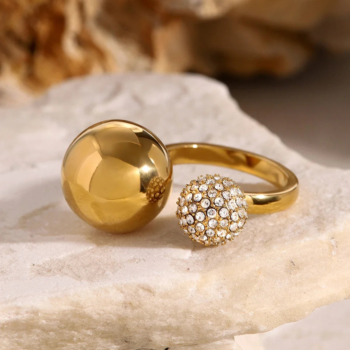 Asymmetric Diamond Accented Sphere Ring in gold