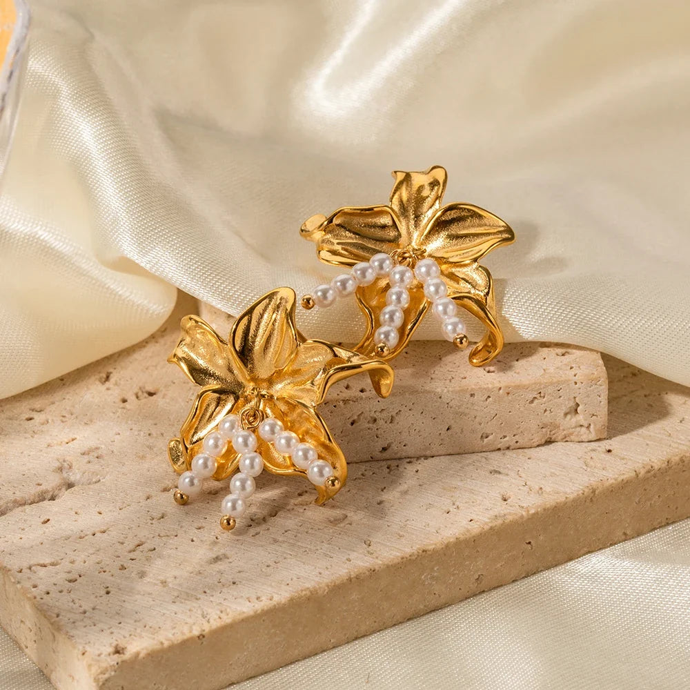 Elegant Lily Floral Pearl Earrings