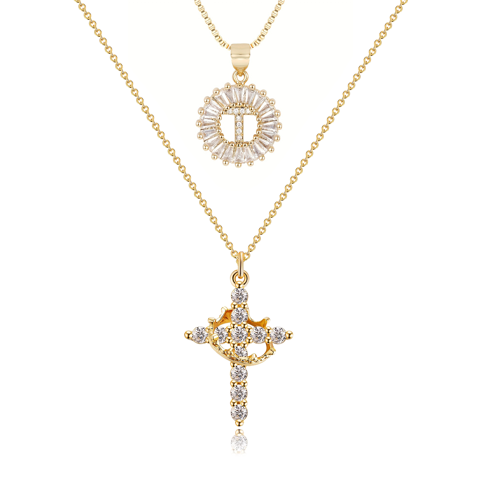 2pc 14k diamond cross crown initial necklace set