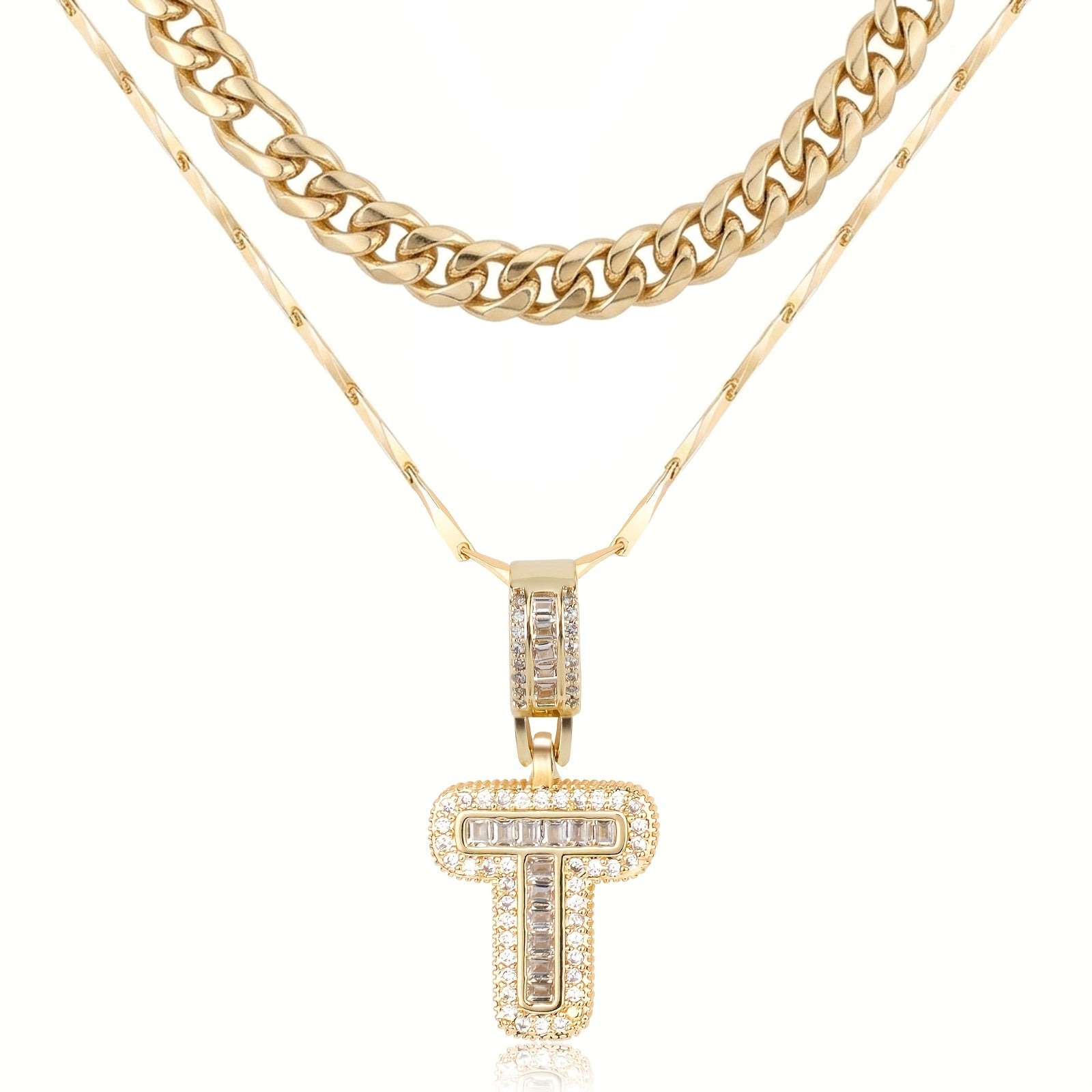 2pc 14k Layered Cuban & Initial Necklaces in gold