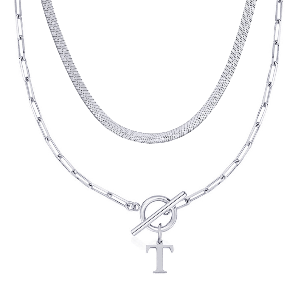 2pc paperclip initial toggle clasp herringbone necklace set
