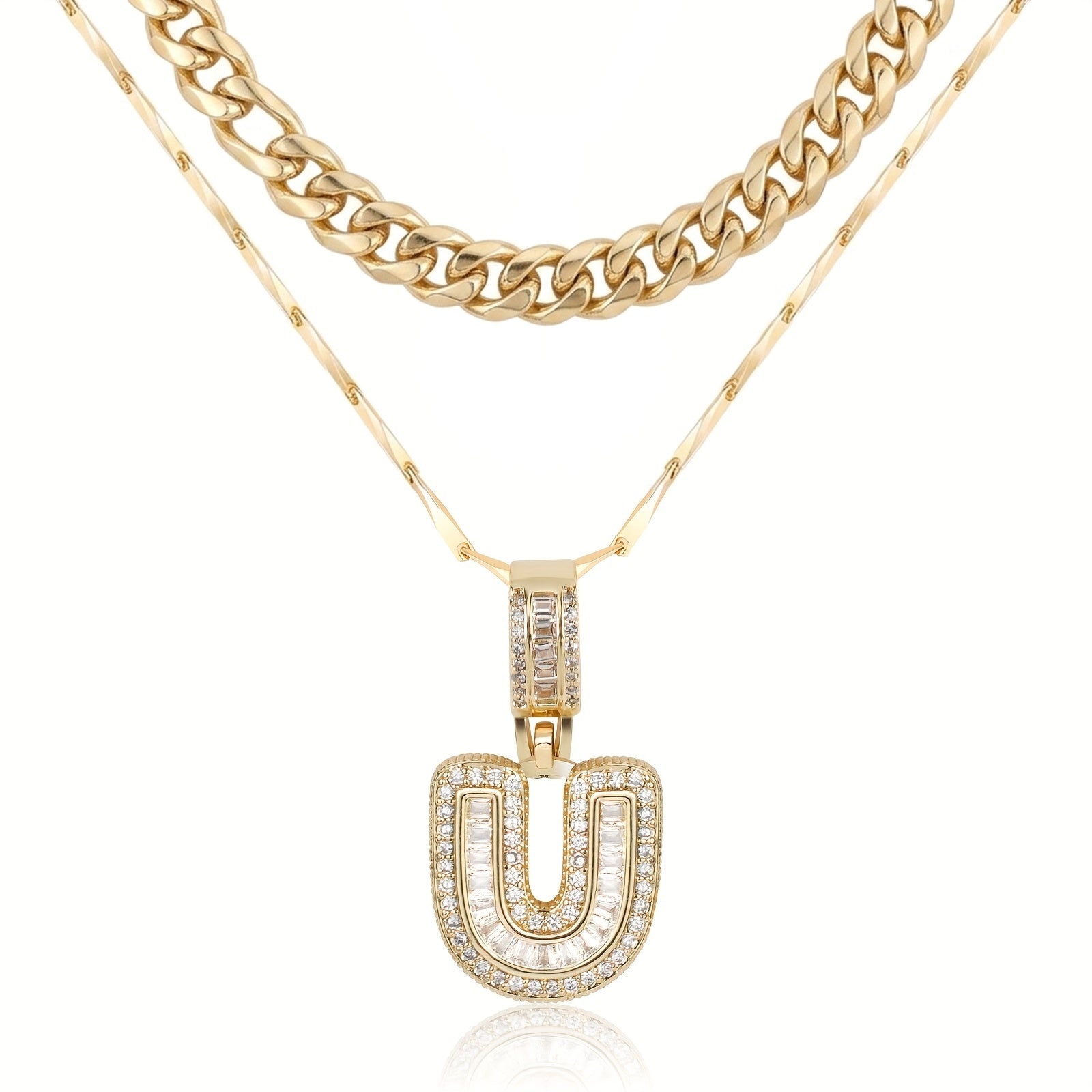 2pc 14k Layered Cuban & Initial Necklaces in gold