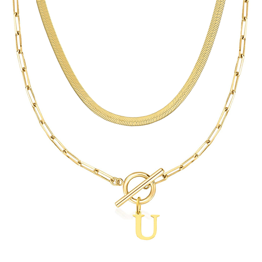 2pc Paperclip Initial Toggle Clasp & Herringbone Necklace Set in gold
