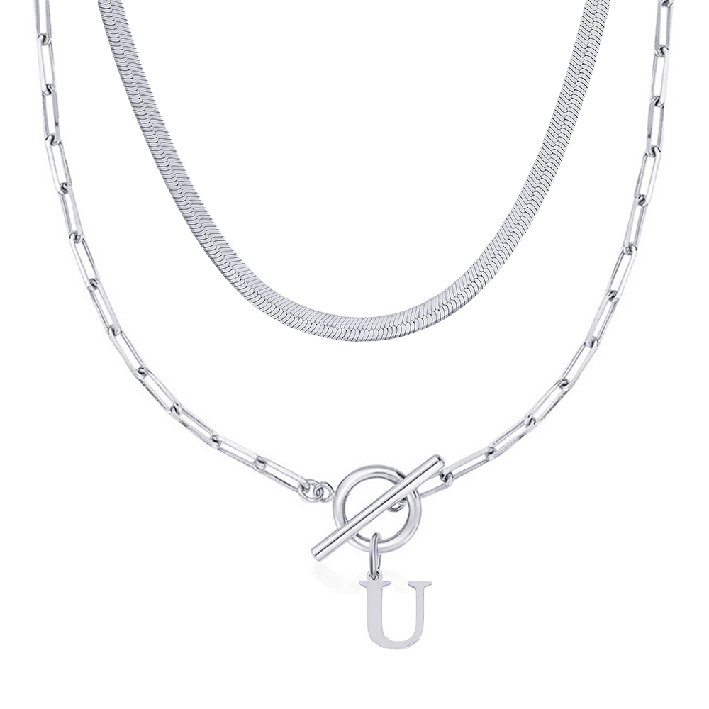 2pc paperclip initial toggle clasp herringbone necklace set